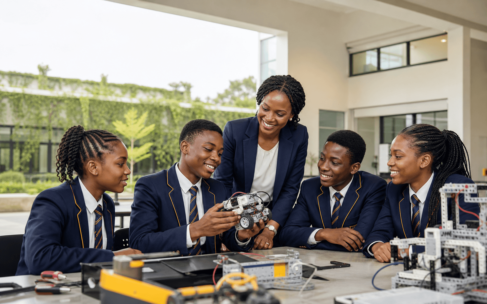 Crestfield students building a robot with their teacher